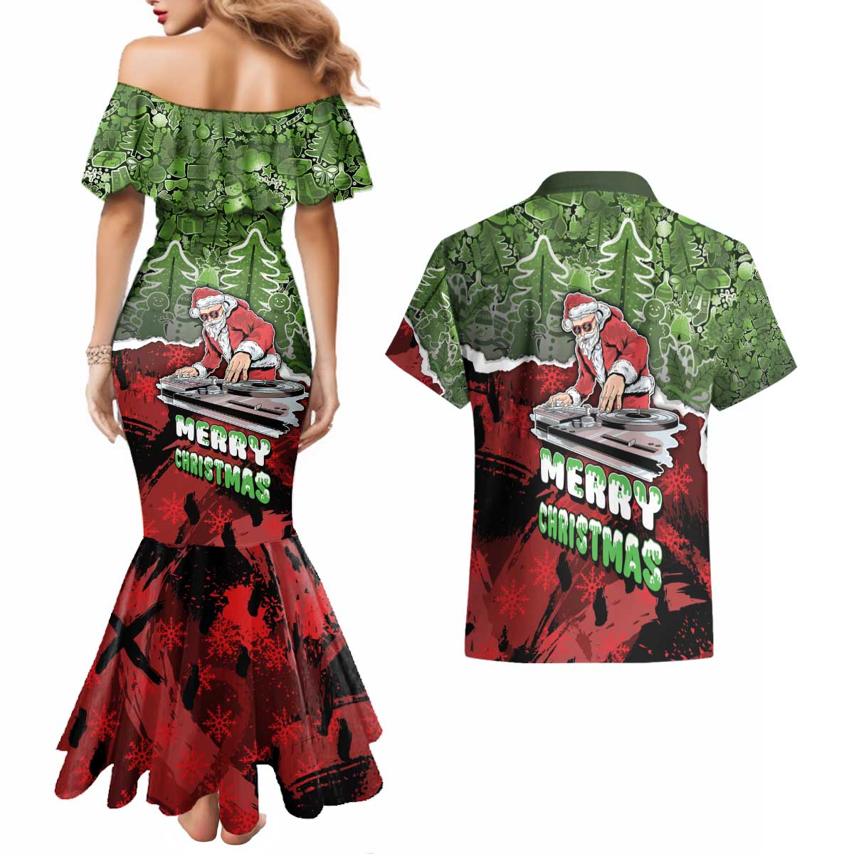 Hip Hop Christmas Couples Matching Mermaid Dress and Hawaiian Shirt DJ Santa Ho Ho Flow - Wonder Print Shop