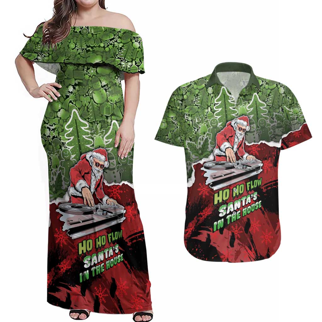 Hip Hop Christmas Couples Matching Off Shoulder Maxi Dress and Hawaiian Shirt DJ Santa Ho Ho Flow - Wonder Print Shop