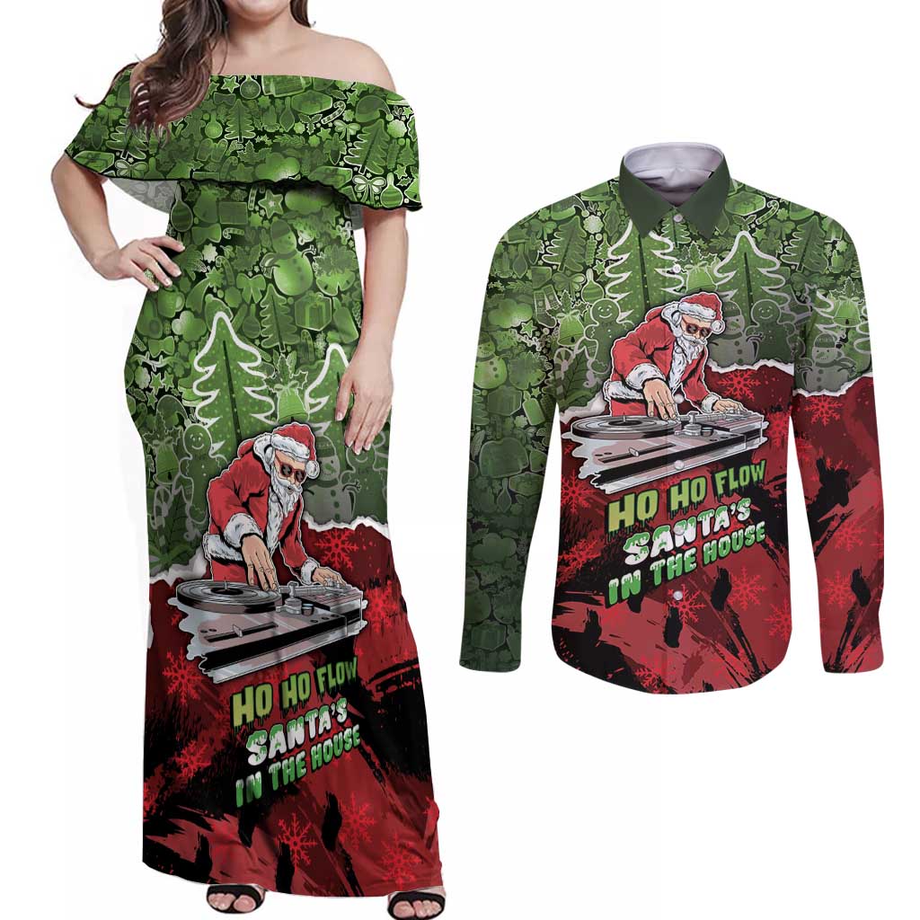 Hip Hop Christmas Couples Matching Off Shoulder Maxi Dress and Long Sleeve Button Shirt DJ Santa Ho Ho Flow - Wonder Print Shop
