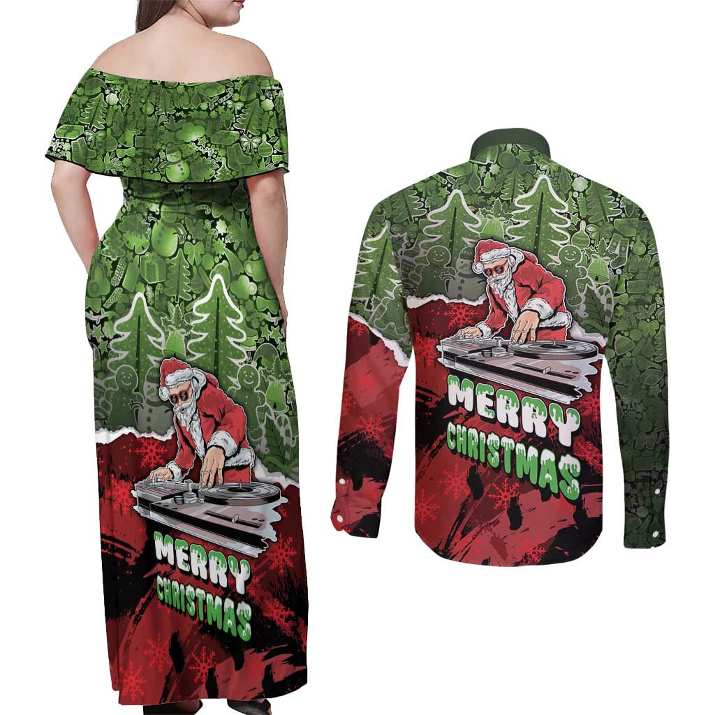 Hip Hop Christmas Couples Matching Off Shoulder Maxi Dress and Long Sleeve Button Shirt DJ Santa Ho Ho Flow - Wonder Print Shop