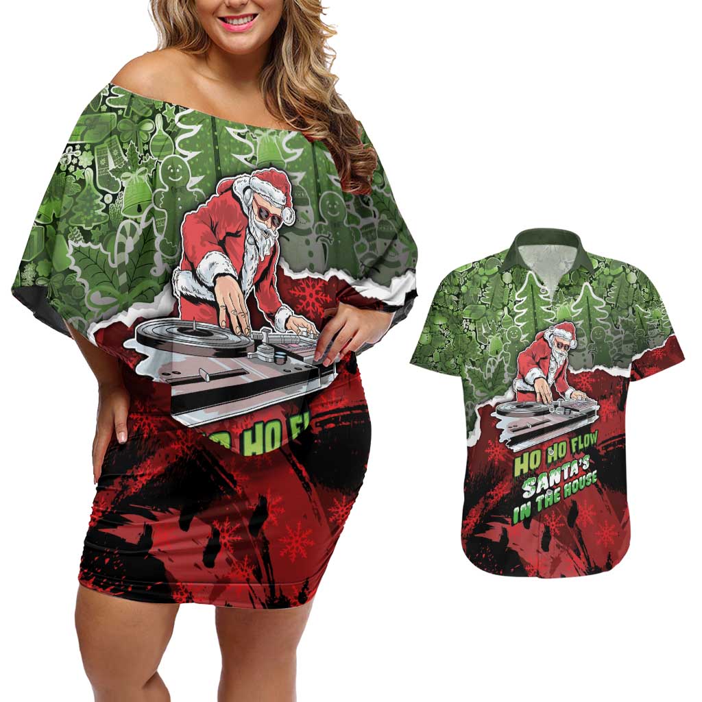Hip Hop Christmas Couples Matching Off Shoulder Short Dress and Hawaiian Shirt DJ Santa Ho Ho Flow - Wonder Print Shop