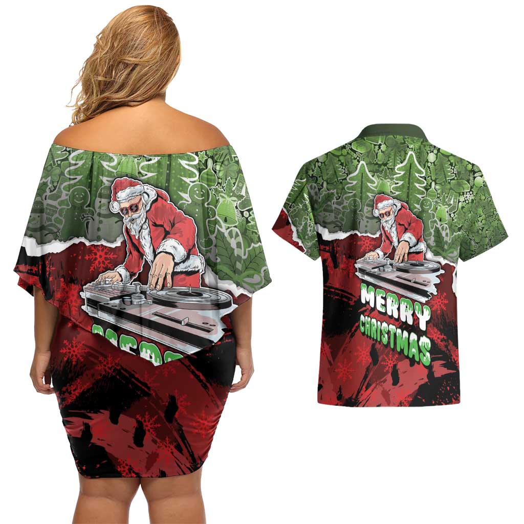 Hip Hop Christmas Couples Matching Off Shoulder Short Dress and Hawaiian Shirt DJ Santa Ho Ho Flow - Wonder Print Shop