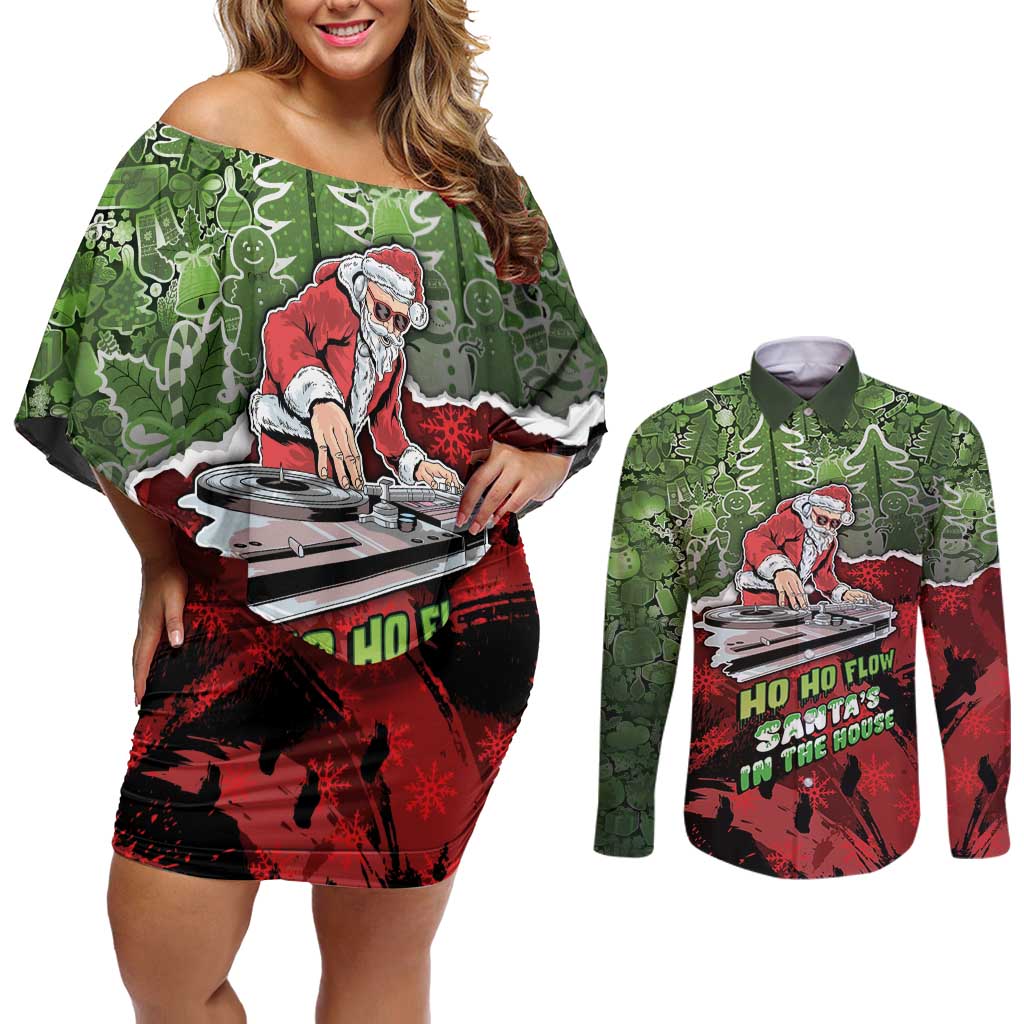 Hip Hop Christmas Couples Matching Off Shoulder Short Dress and Long Sleeve Button Shirt DJ Santa Ho Ho Flow - Wonder Print Shop