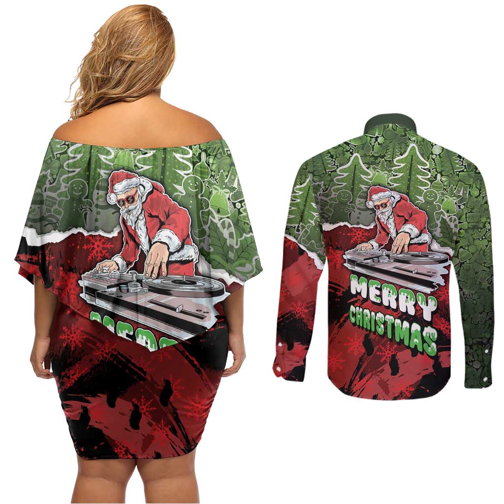 Hip Hop Christmas Couples Matching Off Shoulder Short Dress and Long Sleeve Button Shirt DJ Santa Ho Ho Flow - Wonder Print Shop