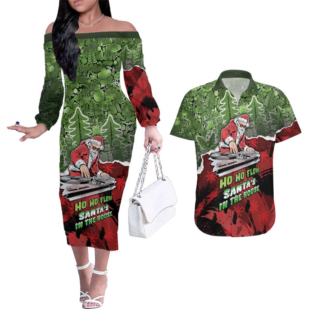 Hip Hop Christmas Couples Matching Off The Shoulder Long Sleeve Dress and Hawaiian Shirt DJ Santa Ho Ho Flow - Wonder Print Shop