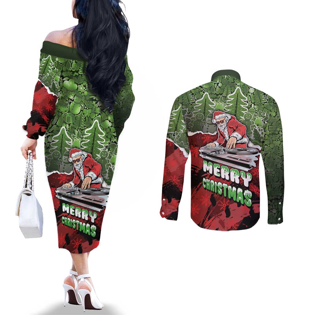 Hip Hop Christmas Couples Matching Off The Shoulder Long Sleeve Dress and Long Sleeve Button Shirt DJ Santa Ho Ho Flow - Wonder Print Shop