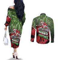 Hip Hop Christmas Couples Matching Off The Shoulder Long Sleeve Dress and Long Sleeve Button Shirt DJ Santa Ho Ho Flow - Wonder Print Shop