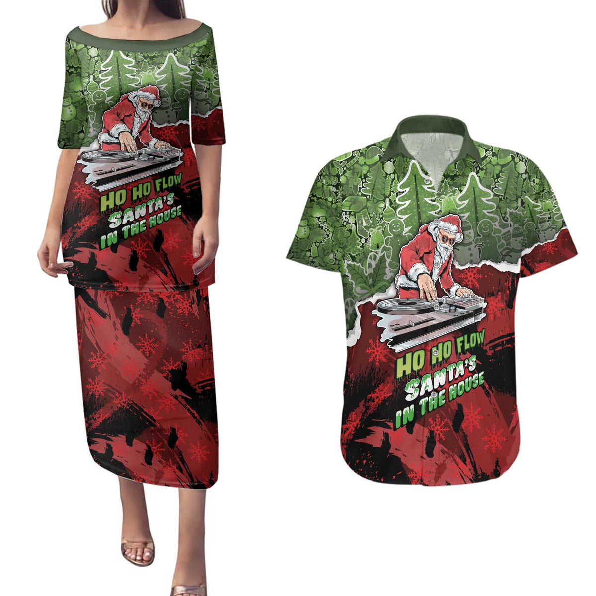 Hip Hop Christmas Couples Matching Puletasi and Hawaiian Shirt DJ Santa Ho Ho Flow - Wonder Print Shop