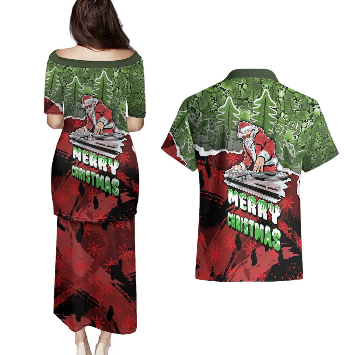 Hip Hop Christmas Couples Matching Puletasi and Hawaiian Shirt DJ Santa Ho Ho Flow - Wonder Print Shop