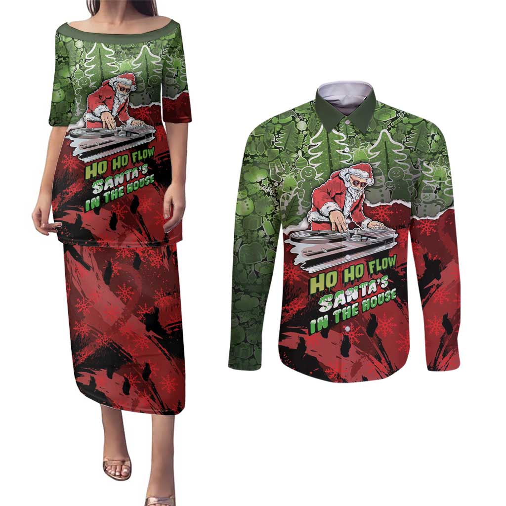 Hip Hop Christmas Couples Matching Puletasi and Long Sleeve Button Shirt DJ Santa Ho Ho Flow - Wonder Print Shop