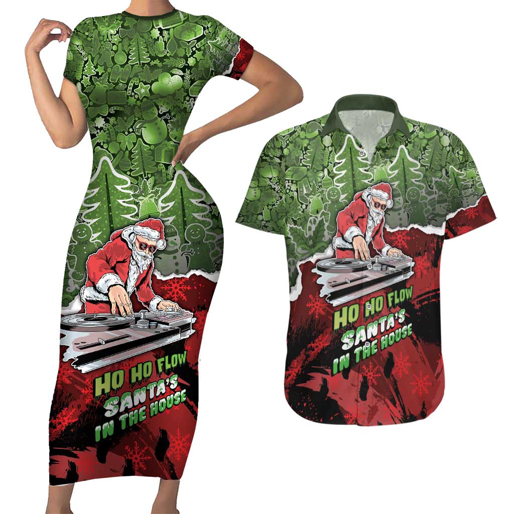 Hip Hop Christmas Couples Matching Short Sleeve Bodycon Dress and Hawaiian Shirt DJ Santa Ho Ho Flow - Wonder Print Shop