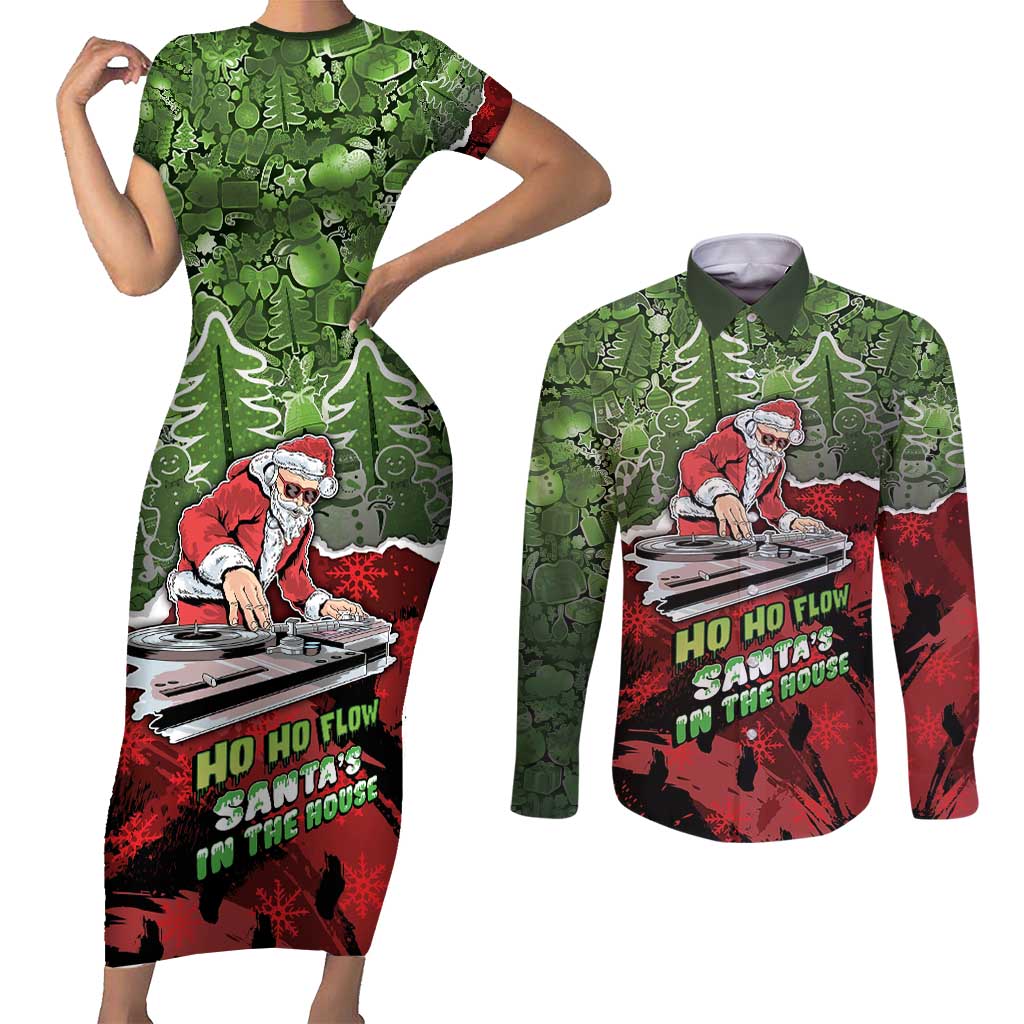 Hip Hop Christmas Couples Matching Short Sleeve Bodycon Dress and Long Sleeve Button Shirt DJ Santa Ho Ho Flow - Wonder Print Shop