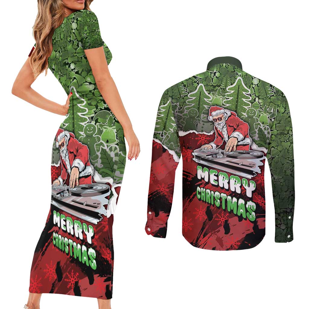 Hip Hop Christmas Couples Matching Short Sleeve Bodycon Dress and Long Sleeve Button Shirt DJ Santa Ho Ho Flow - Wonder Print Shop