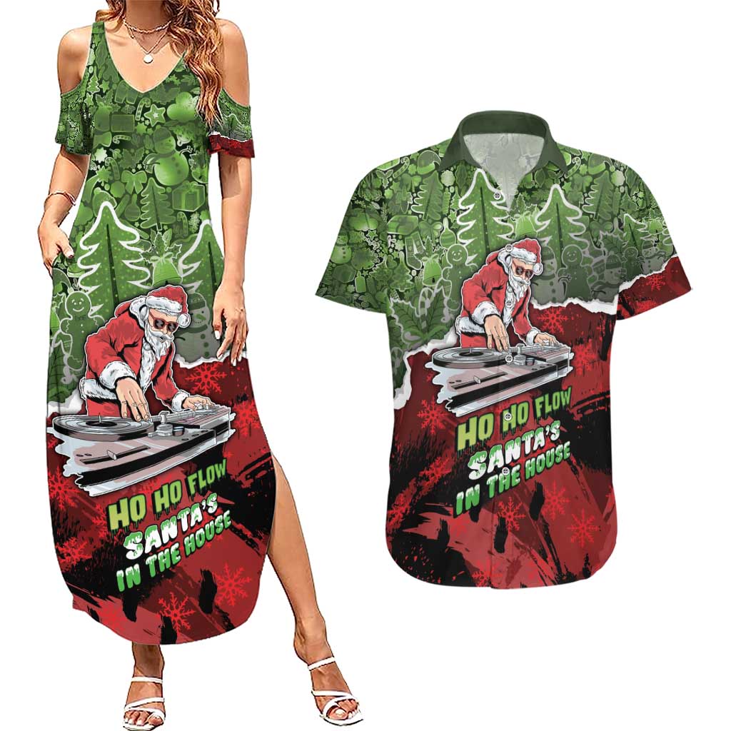 Hip Hop Christmas Couples Matching Summer Maxi Dress and Hawaiian Shirt DJ Santa Ho Ho Flow - Wonder Print Shop