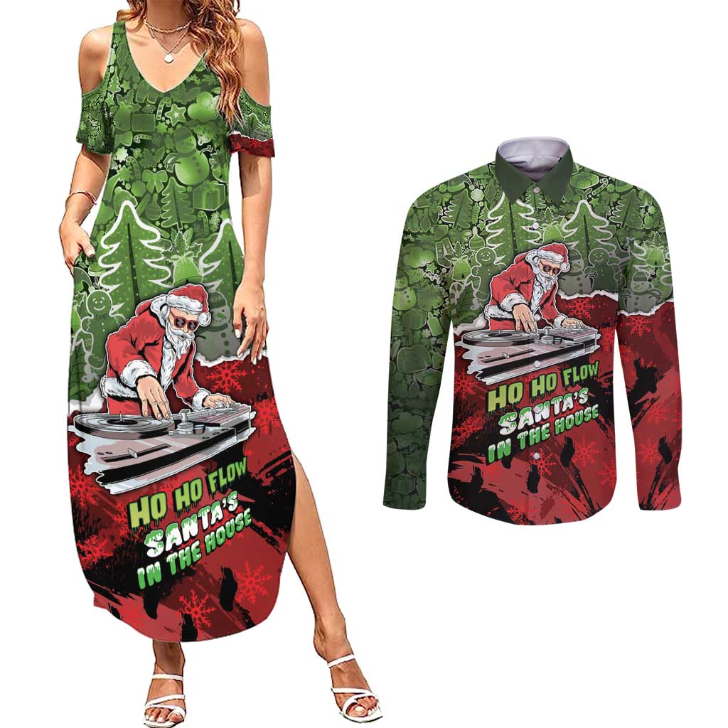 Hip Hop Christmas Couples Matching Summer Maxi Dress and Long Sleeve Button Shirt DJ Santa Ho Ho Flow - Wonder Print Shop