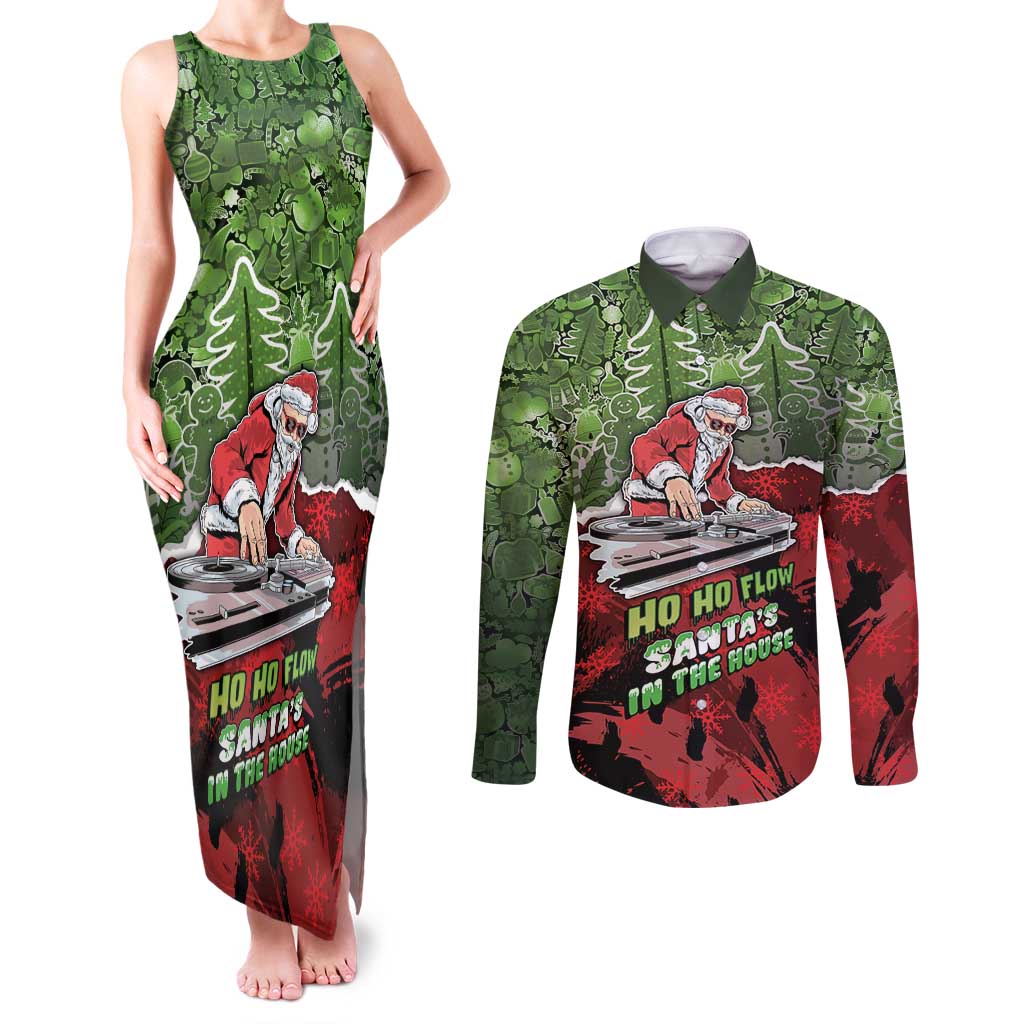 Hip Hop Christmas Couples Matching Tank Maxi Dress and Long Sleeve Button Shirt DJ Santa Ho Ho Flow - Wonder Print Shop