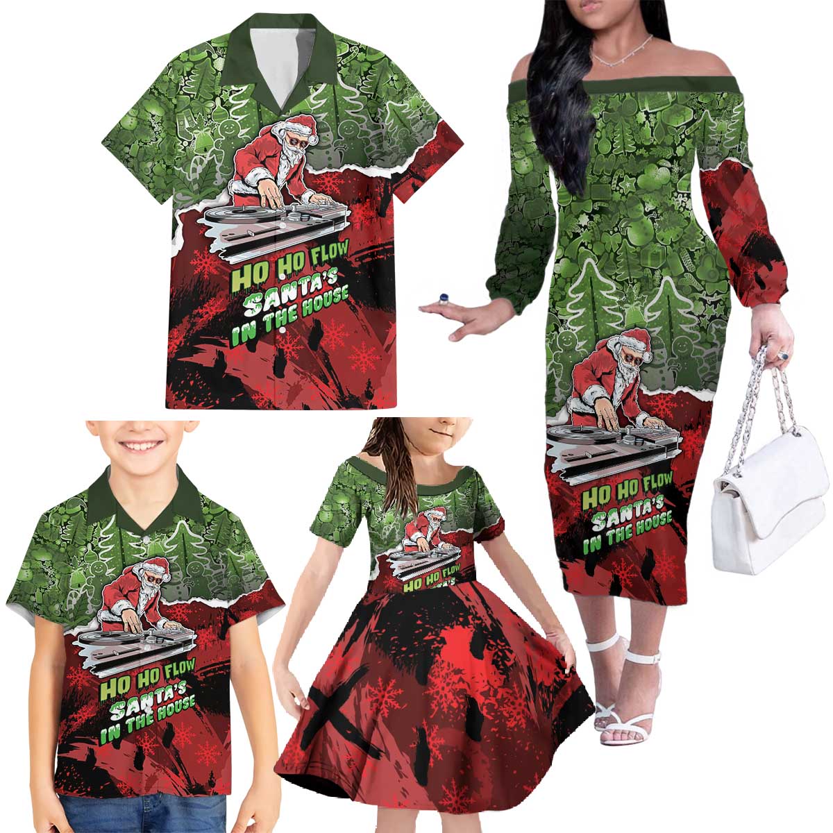 Hip Hop Christmas Family Matching Off The Shoulder Long Sleeve Dress and Hawaiian Shirt DJ Santa Ho Ho Flow - Wonder Print Shop