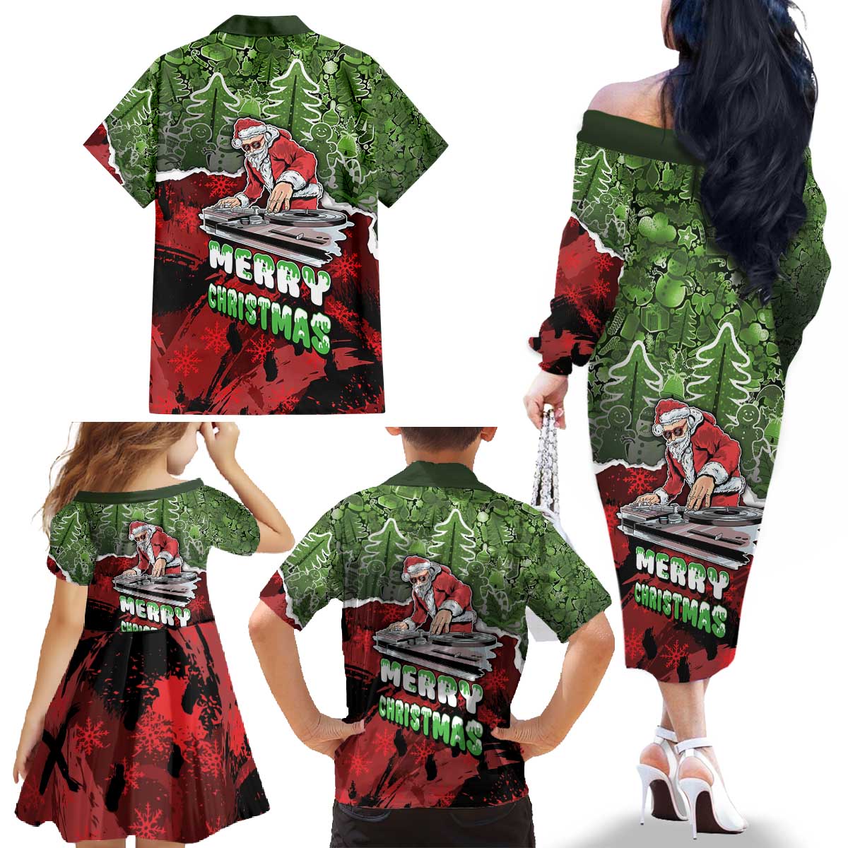 Hip Hop Christmas Family Matching Off The Shoulder Long Sleeve Dress and Hawaiian Shirt DJ Santa Ho Ho Flow - Wonder Print Shop