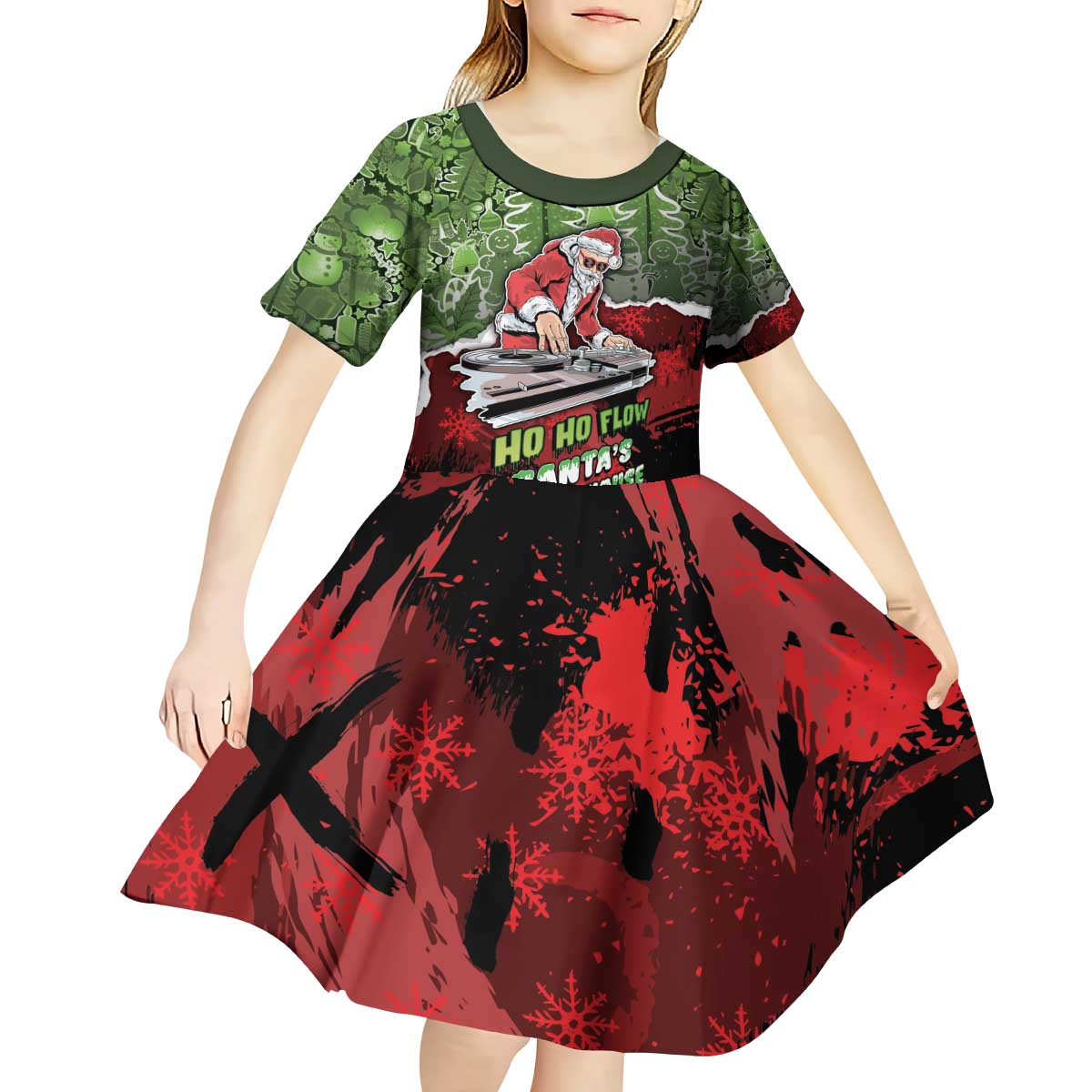 Hip Hop Christmas Kid Short Sleeve Dress DJ Santa Ho Ho Flow - Wonder Print Shop
