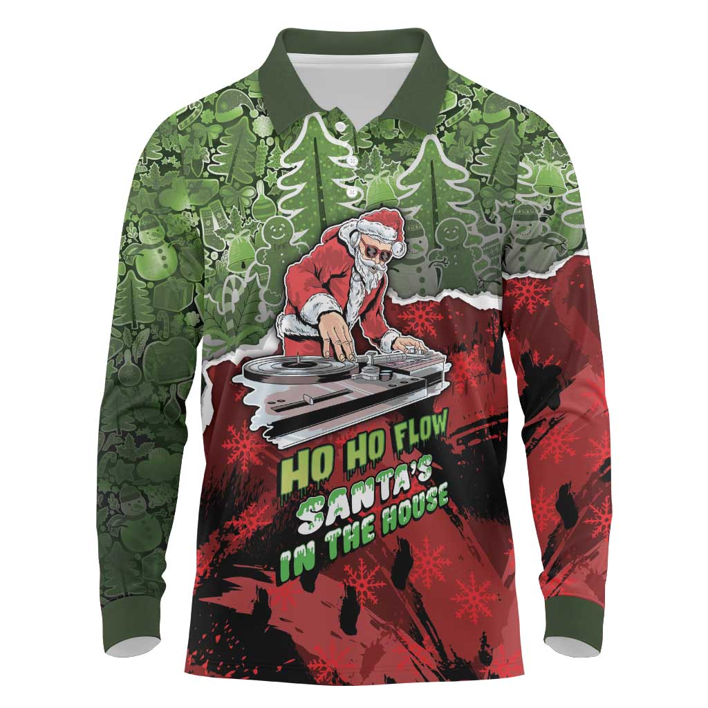 Hip Hop Christmas Long Sleeve Polo Shirt DJ Santa Ho Ho Flow - Wonder Print Shop