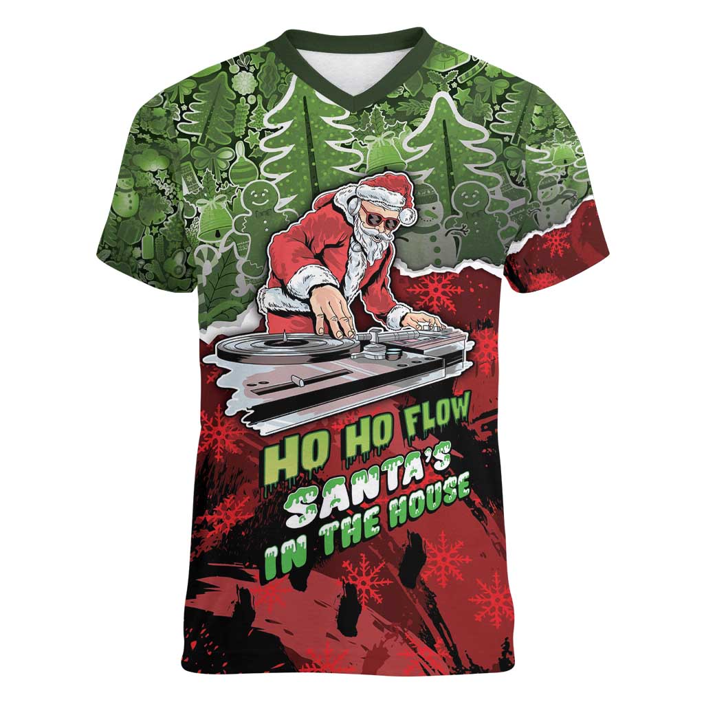 Hip Hop Christmas Women V-Neck T-Shirt DJ Santa Ho Ho Flow - Wonder Print Shop