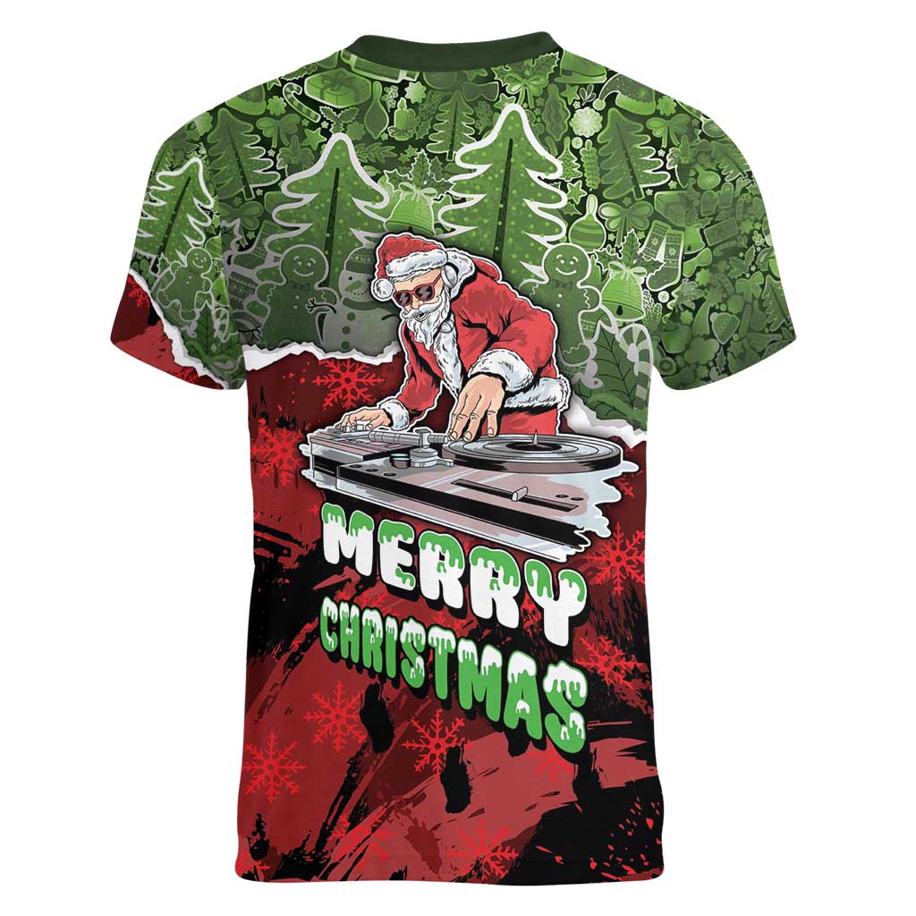 Hip Hop Christmas Women V-Neck T-Shirt DJ Santa Ho Ho Flow - Wonder Print Shop