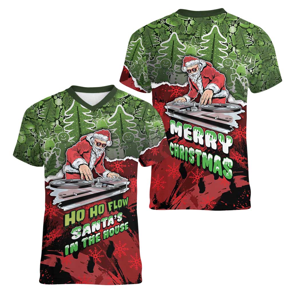 Hip Hop Christmas Women V-Neck T-Shirt DJ Santa Ho Ho Flow - Wonder Print Shop