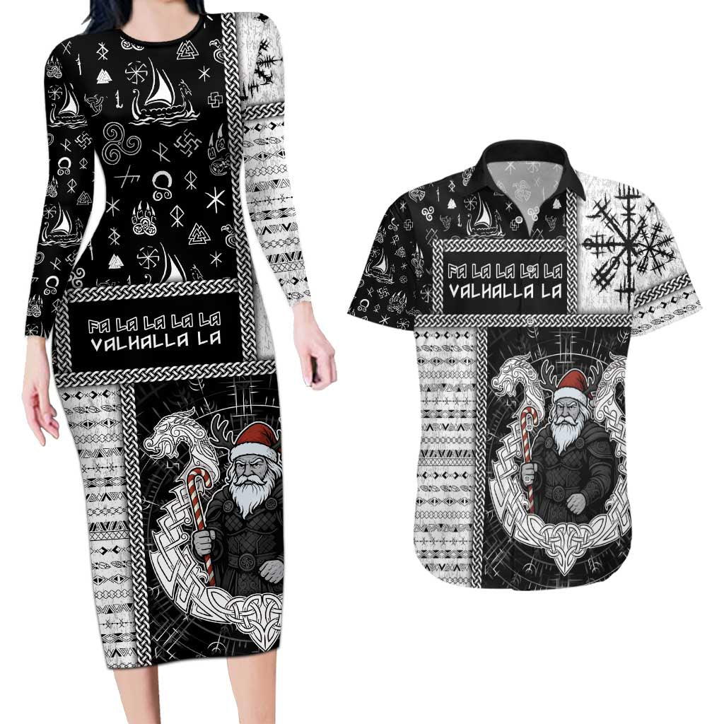 Vikings Christmas Couples Matching Long Sleeve Bodycon Dress and Hawaiian Shirt Fa La La La Valhalla La - Wonder Print Shop