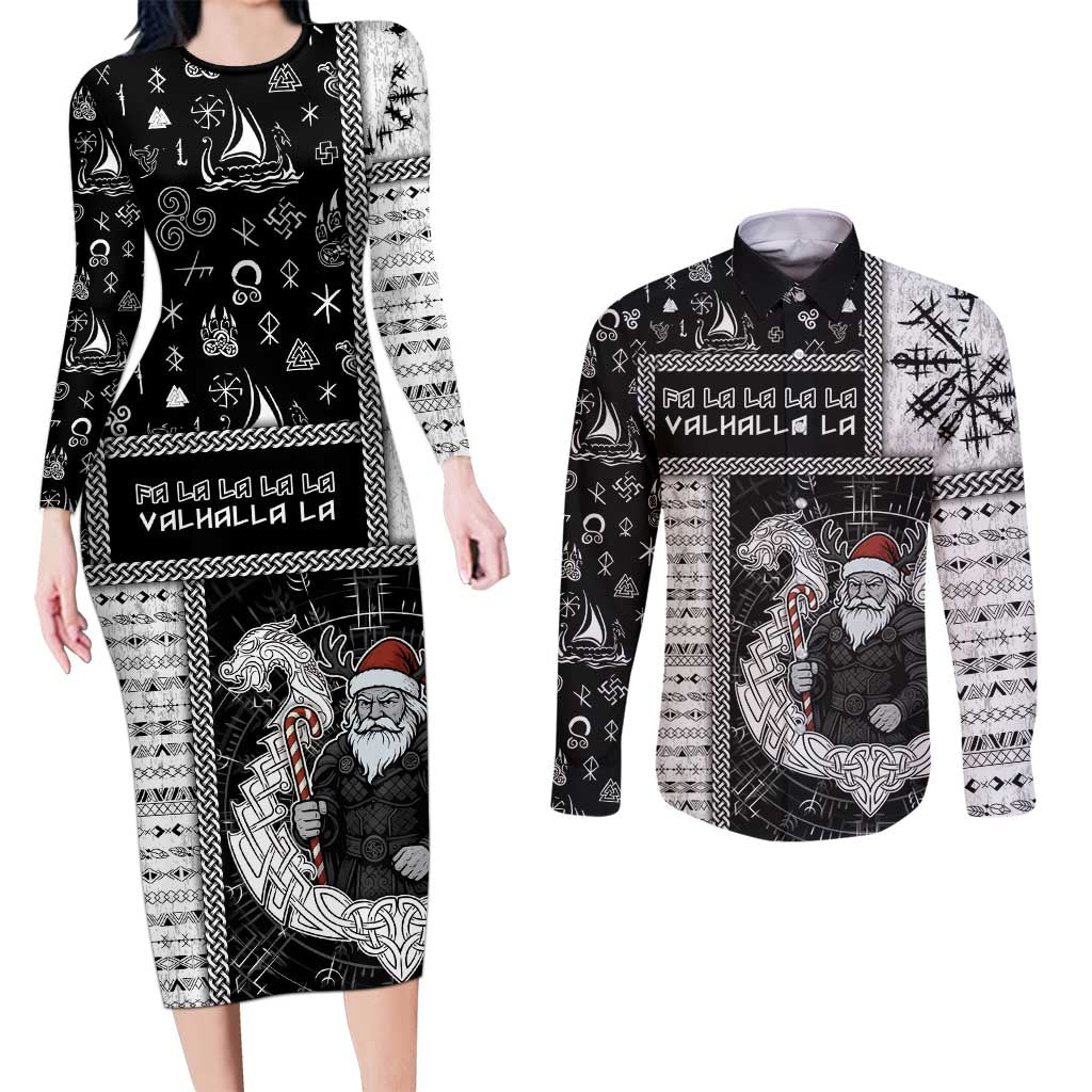 Vikings Christmas Couples Matching Long Sleeve Bodycon Dress and Long Sleeve Button Shirt Fa La La La Valhalla La - Wonder Print Shop