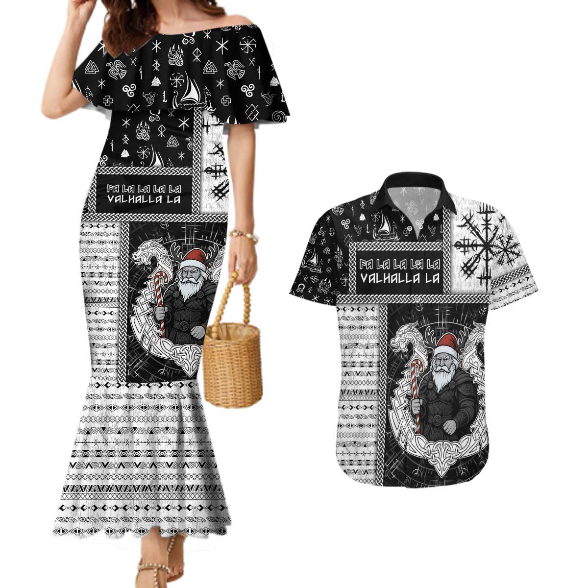 Vikings Christmas Couples Matching Mermaid Dress and Hawaiian Shirt Fa La La La Valhalla La - Wonder Print Shop