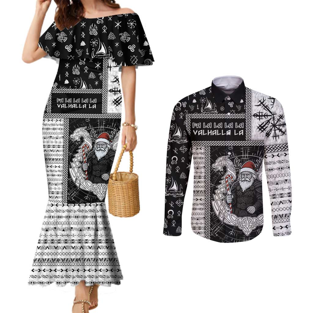 Vikings Christmas Couples Matching Mermaid Dress and Long Sleeve Button Shirt Fa La La La Valhalla La - Wonder Print Shop
