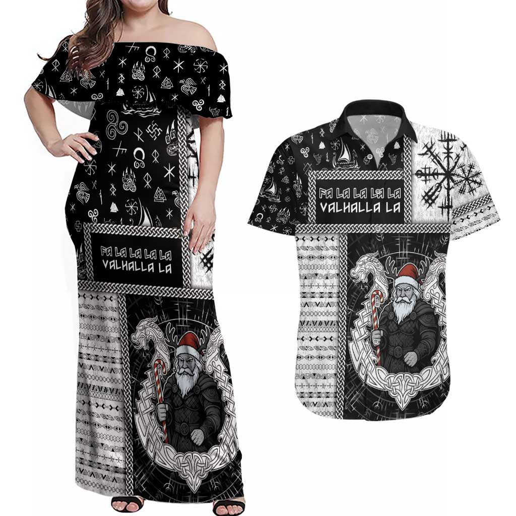 Vikings Christmas Couples Matching Off Shoulder Maxi Dress and Hawaiian Shirt Fa La La La Valhalla La - Wonder Print Shop