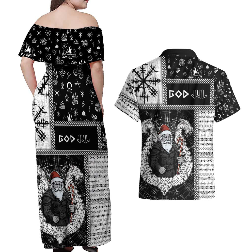 Vikings Christmas Couples Matching Off Shoulder Maxi Dress and Hawaiian Shirt Fa La La La Valhalla La - Wonder Print Shop