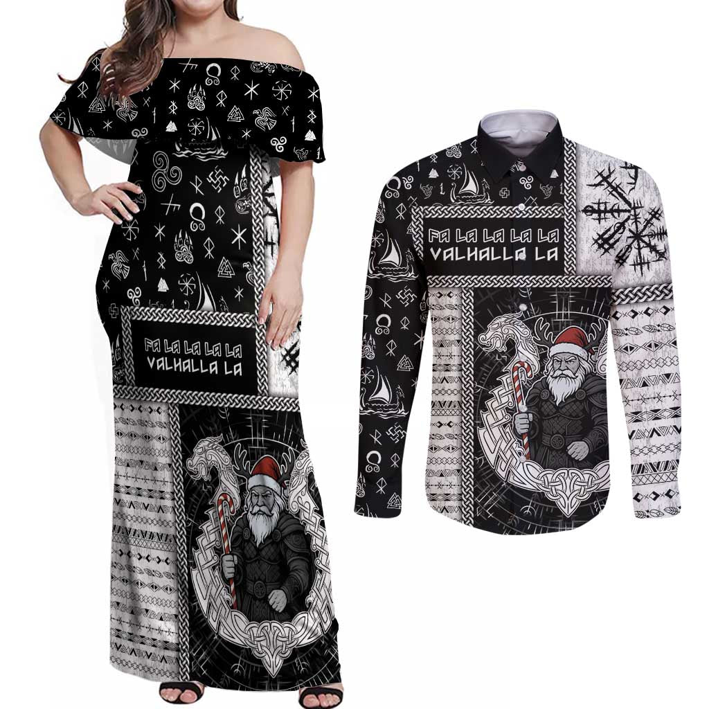 Vikings Christmas Couples Matching Off Shoulder Maxi Dress and Long Sleeve Button Shirt Fa La La La Valhalla La - Wonder Print Shop