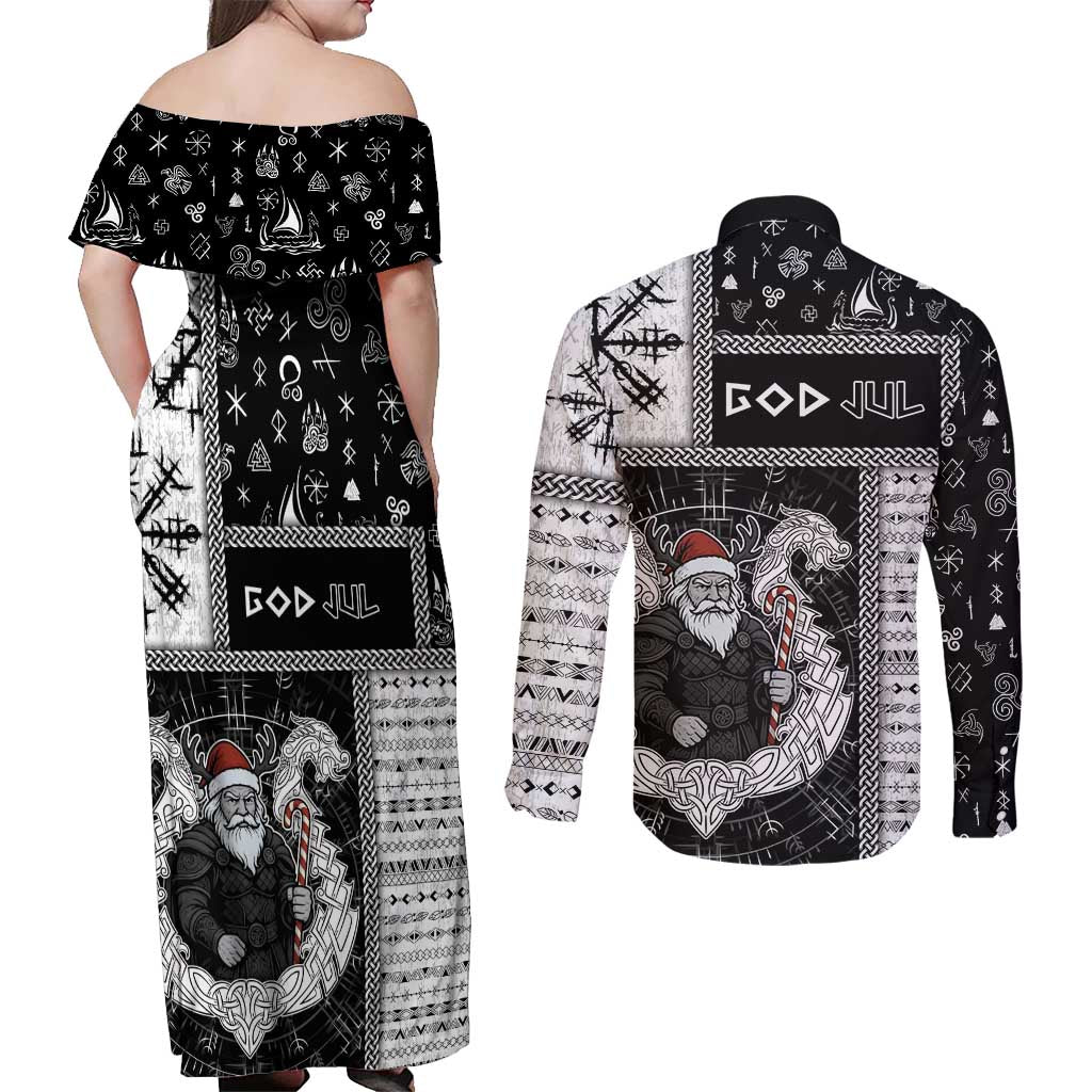 Vikings Christmas Couples Matching Off Shoulder Maxi Dress and Long Sleeve Button Shirt Fa La La La Valhalla La - Wonder Print Shop