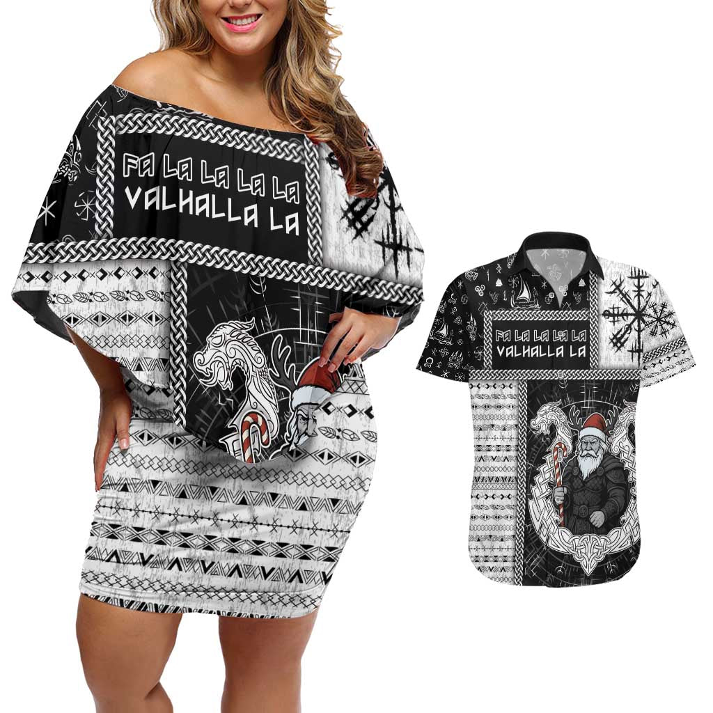 Vikings Christmas Couples Matching Off Shoulder Short Dress and Hawaiian Shirt Fa La La La Valhalla La - Wonder Print Shop