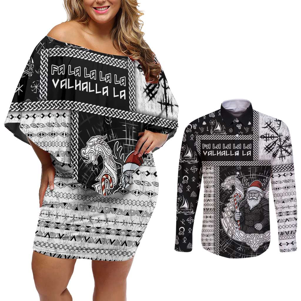 Vikings Christmas Couples Matching Off Shoulder Short Dress and Long Sleeve Button Shirt Fa La La La Valhalla La - Wonder Print Shop