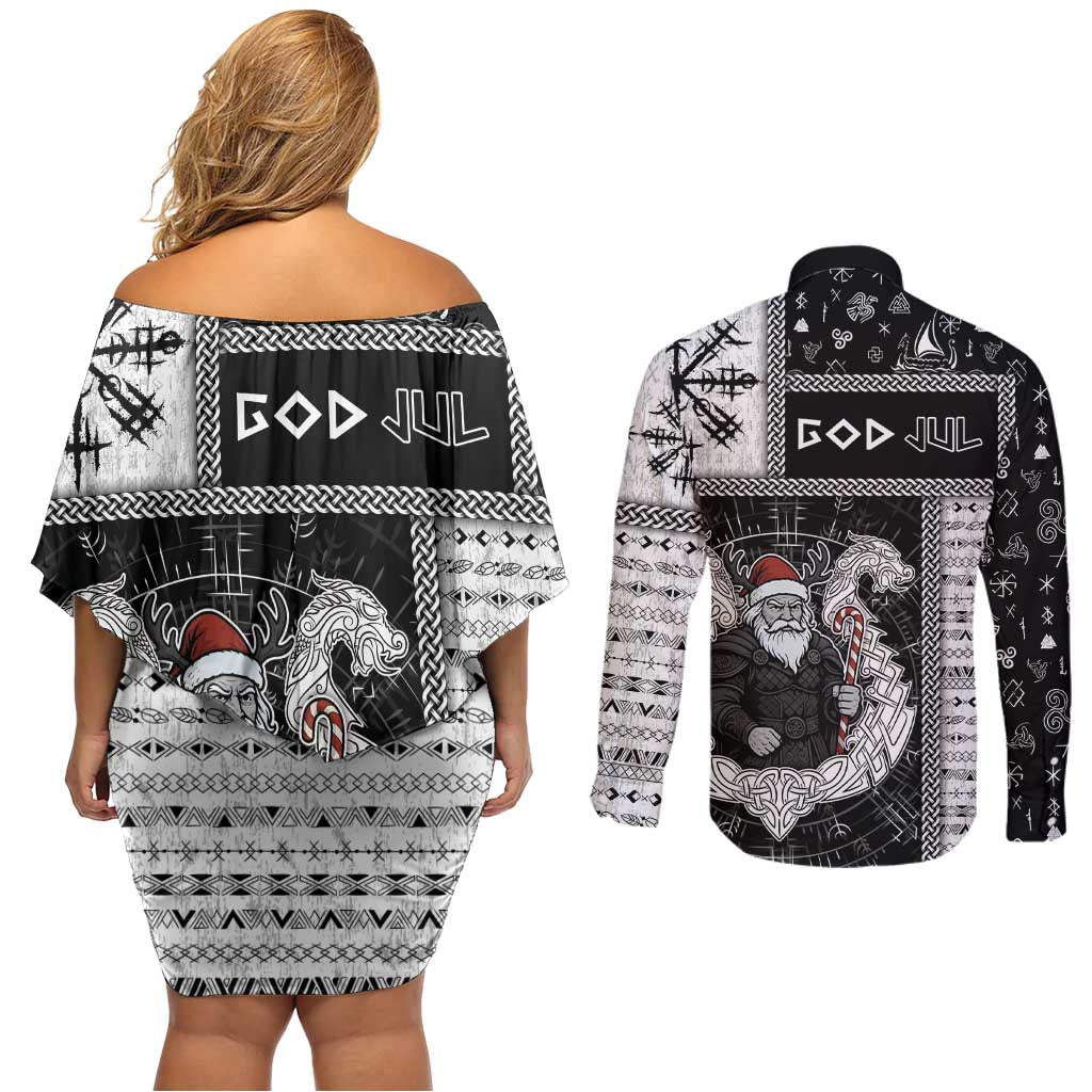 Vikings Christmas Couples Matching Off Shoulder Short Dress and Long Sleeve Button Shirt Fa La La La Valhalla La - Wonder Print Shop