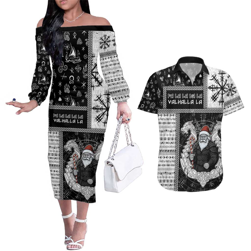 Vikings Christmas Couples Matching Off The Shoulder Long Sleeve Dress and Hawaiian Shirt Fa La La La Valhalla La - Wonder Print Shop