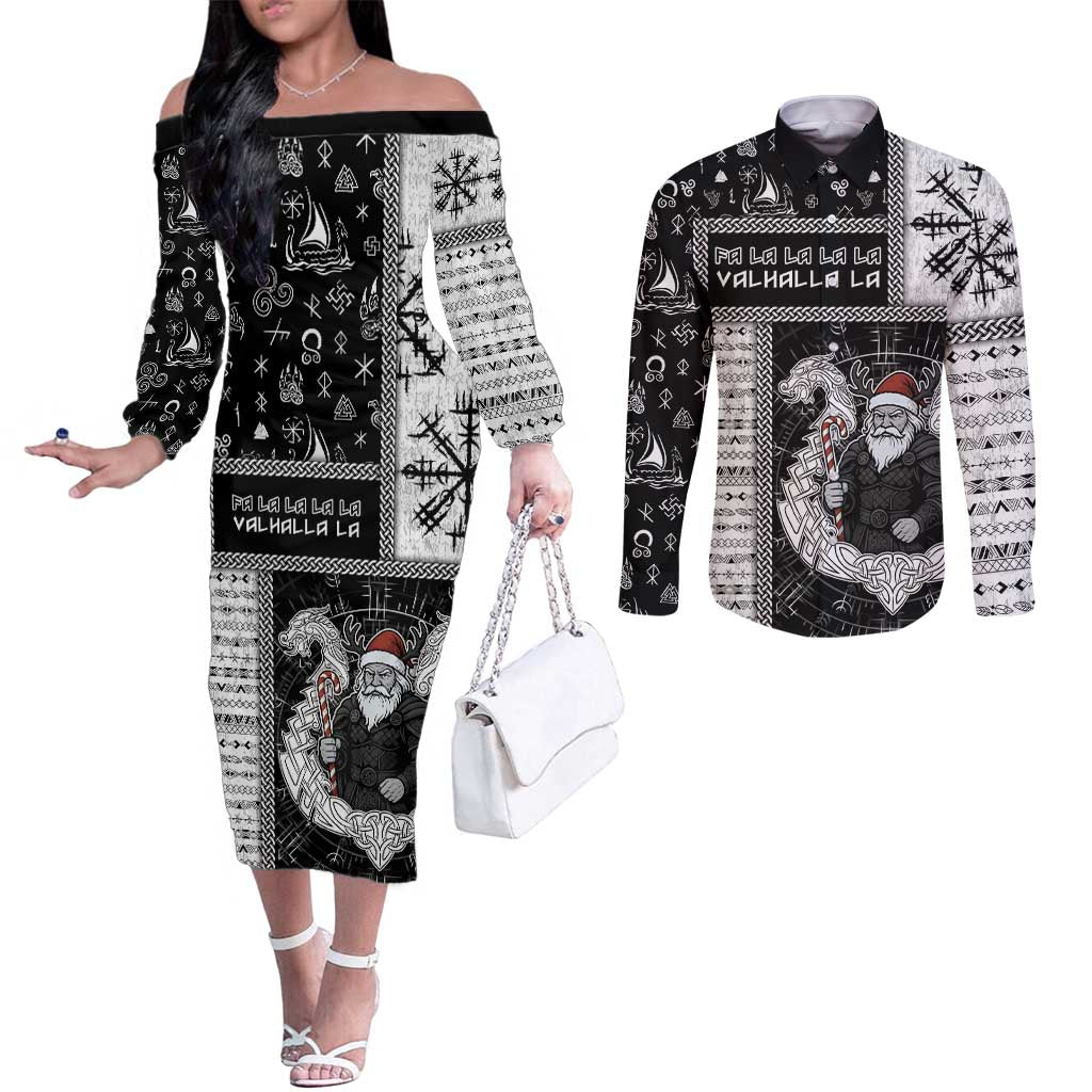Vikings Christmas Couples Matching Off The Shoulder Long Sleeve Dress and Long Sleeve Button Shirt Fa La La La Valhalla La - Wonder Print Shop