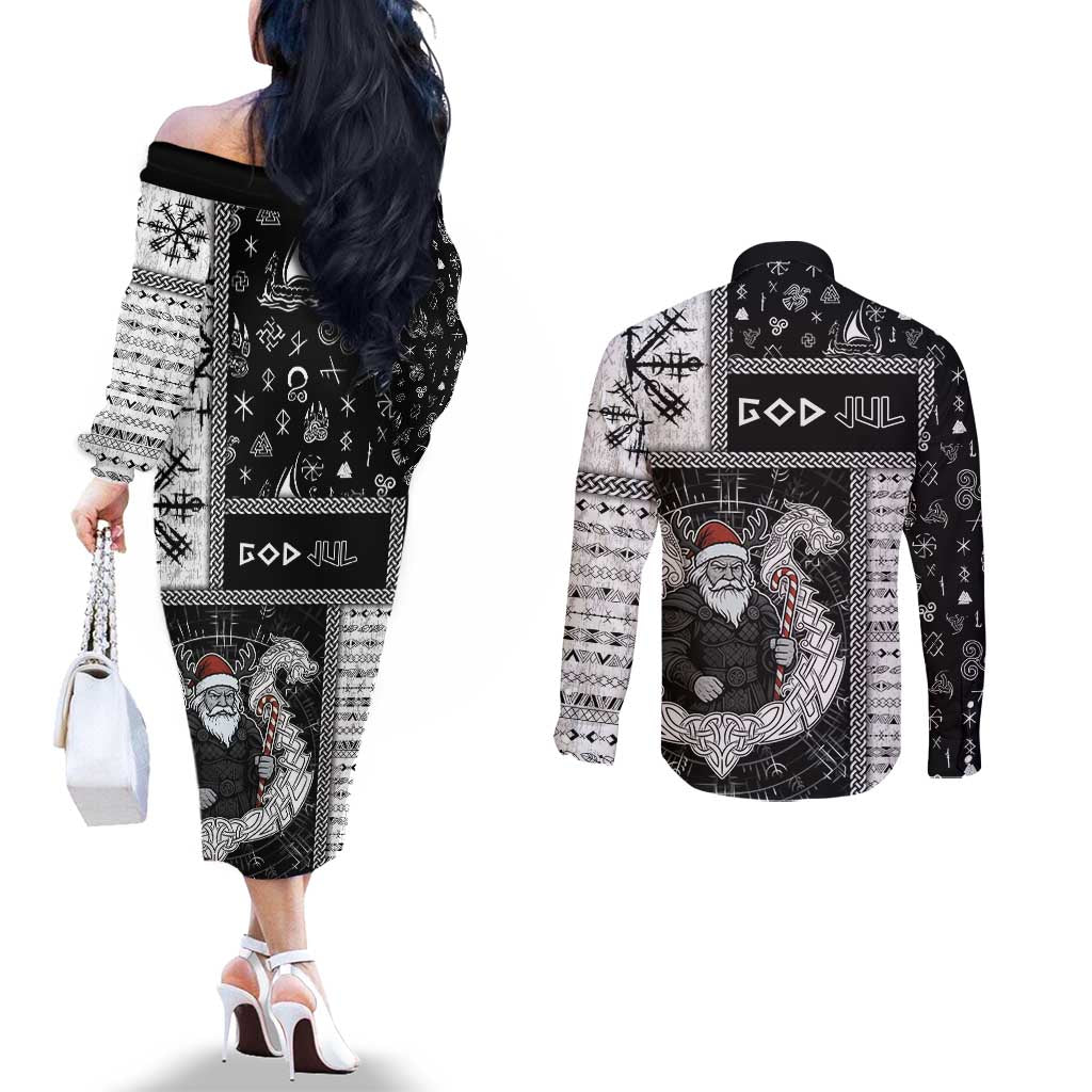 Vikings Christmas Couples Matching Off The Shoulder Long Sleeve Dress and Long Sleeve Button Shirt Fa La La La Valhalla La - Wonder Print Shop