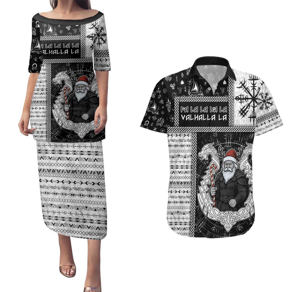 Vikings Christmas Couples Matching Puletasi and Hawaiian Shirt Fa La La La Valhalla La - Wonder Print Shop