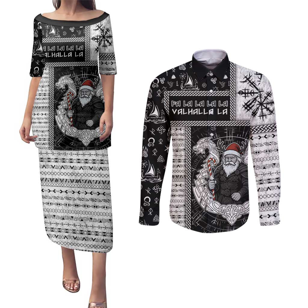 Vikings Christmas Couples Matching Puletasi and Long Sleeve Button Shirt Fa La La La Valhalla La - Wonder Print Shop