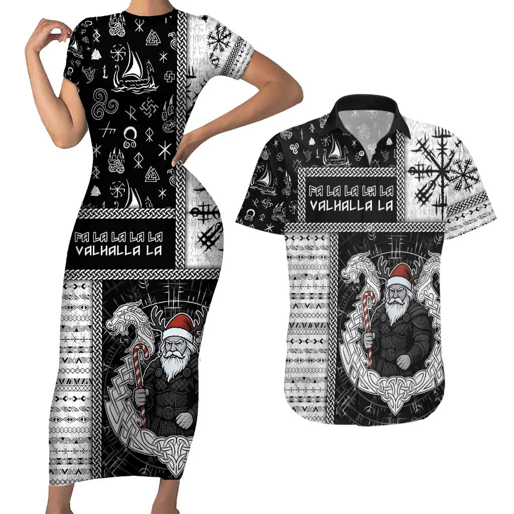 Vikings Christmas Couples Matching Short Sleeve Bodycon Dress and Hawaiian Shirt Fa La La La Valhalla La - Wonder Print Shop
