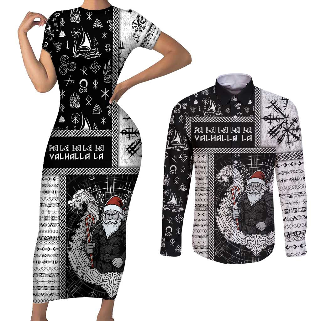 Vikings Christmas Couples Matching Short Sleeve Bodycon Dress and Long Sleeve Button Shirt Fa La La La Valhalla La - Wonder Print Shop