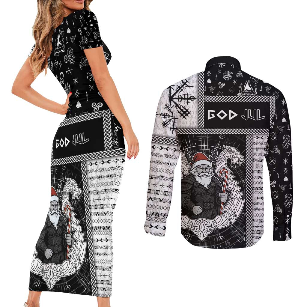 Vikings Christmas Couples Matching Short Sleeve Bodycon Dress and Long Sleeve Button Shirt Fa La La La Valhalla La - Wonder Print Shop