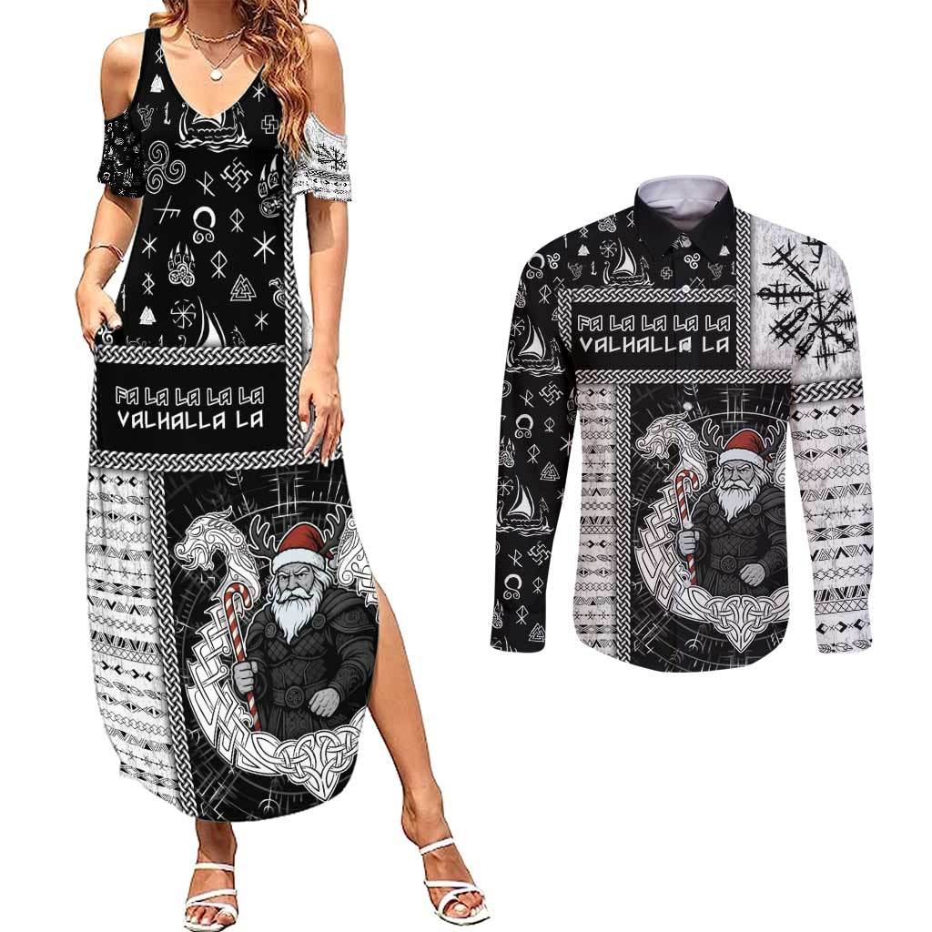 Vikings Christmas Couples Matching Summer Maxi Dress and Long Sleeve Button Shirt Fa La La La Valhalla La - Wonder Print Shop