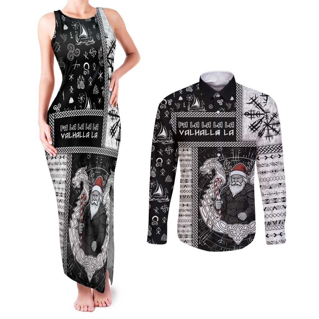 Vikings Christmas Couples Matching Tank Maxi Dress and Long Sleeve Button Shirt Fa La La La Valhalla La - Wonder Print Shop