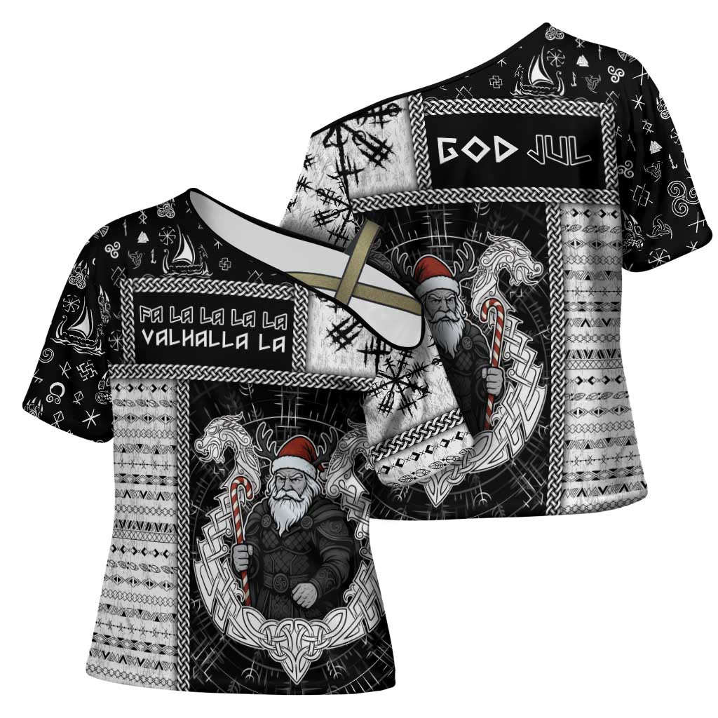 Vikings Christmas Cross Shoulder Shirt Fa La La La Valhalla La - Wonder Print Shop
