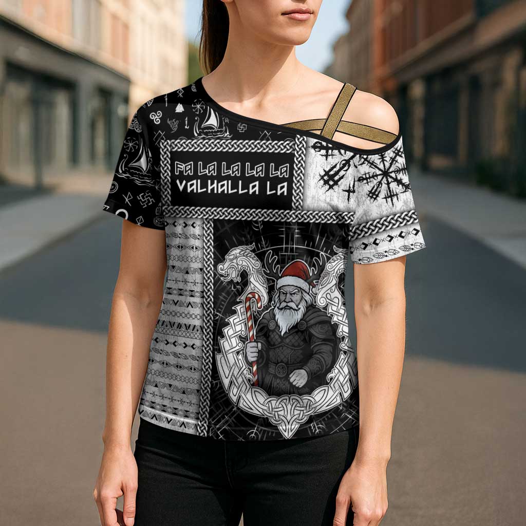 Vikings Christmas Cross Shoulder Shirt Fa La La La Valhalla La - Wonder Print Shop